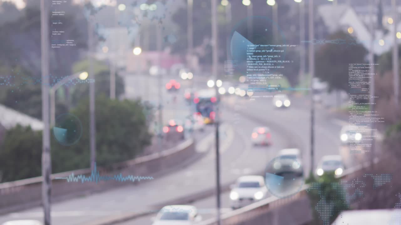 도시 풍경 위의 데이터 처리 애니메이션