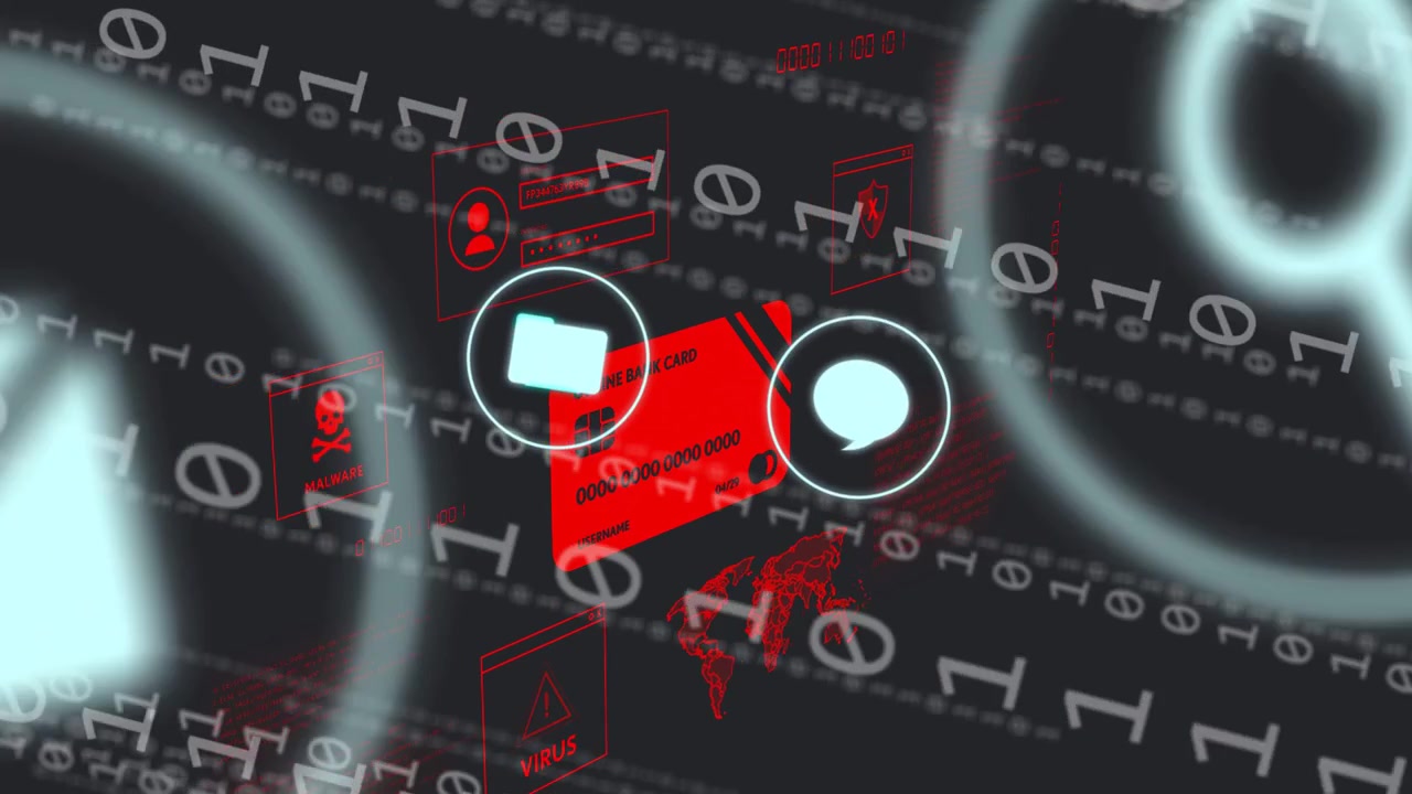 Cascading binary streams animating around red card, UI icons appearing, swapping, showing threats