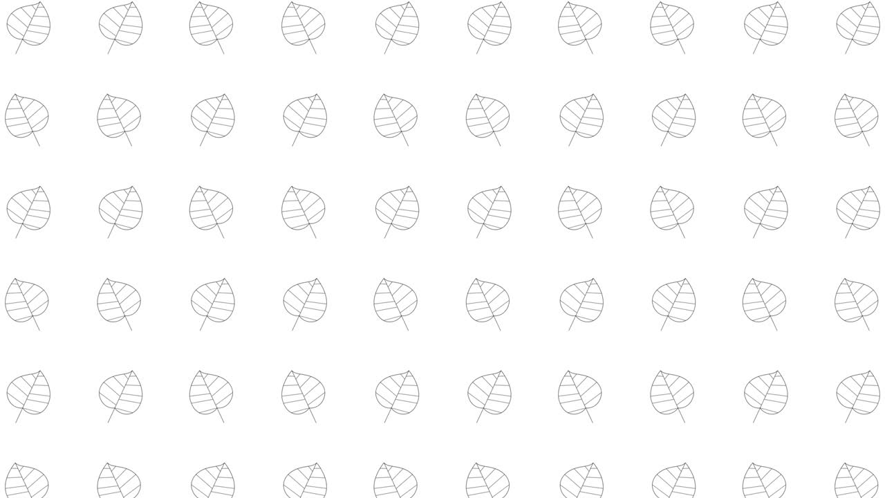 Iconos de hojas de álamo temblón de línea fina negra sobre un fondo blanco. Patrón gráfico animado en bucle continuo con hojas animadas en cuadrícula geométrica