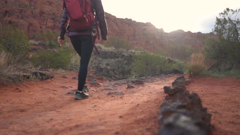 Back-View-of-Woman-With-Backpack-Walking-on-Desert-Trail,-Slow-Motion