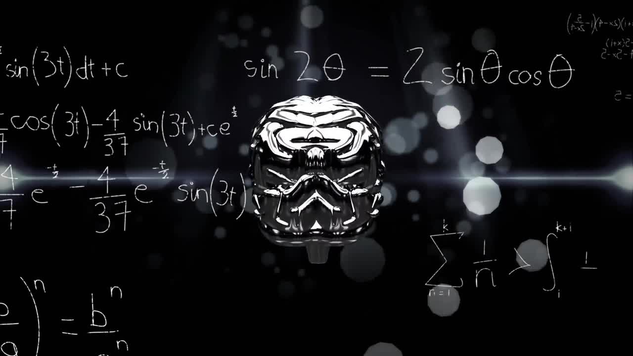 Animation of metallic brain rotating over mathematical equations on black