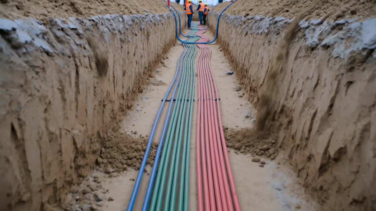 Workers wearing orange vests checking colored conduits in sandy trench, verifying black clips