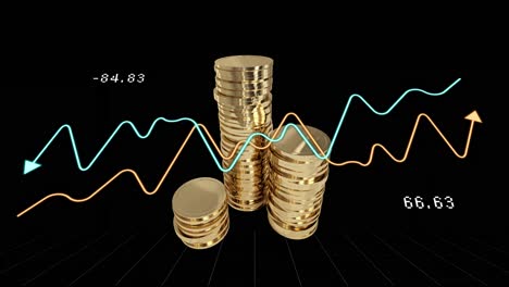 animation of financial data processing over gold coins