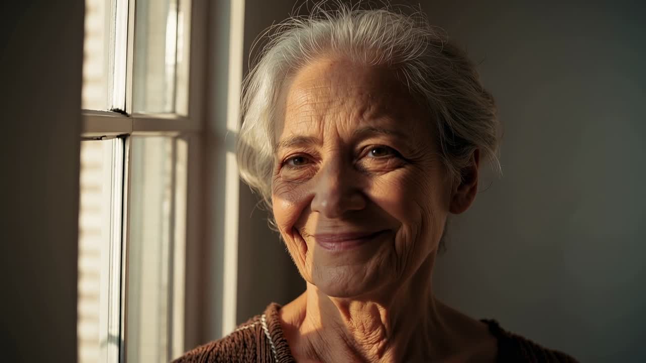 Mujer mayor sonriente con suéter marrón reaccionando a la cálida luz del sol junto a una ventana con parteluces en casa