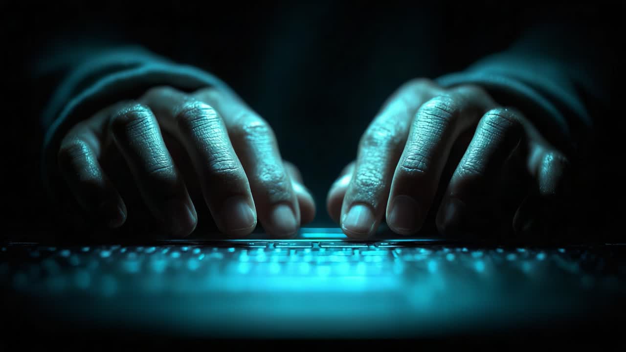 Illuminated Hands Typing on a Keyboard in a Dark Setting Capturing the Intricacies of Digital Interaction and Connectivity Through Technology