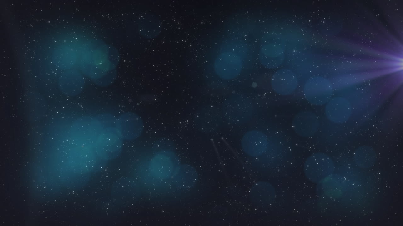 Animación de puntos de luz azules brillantes y luz púrpura brillante moviéndose sobre estrellas en el cielo nocturno
