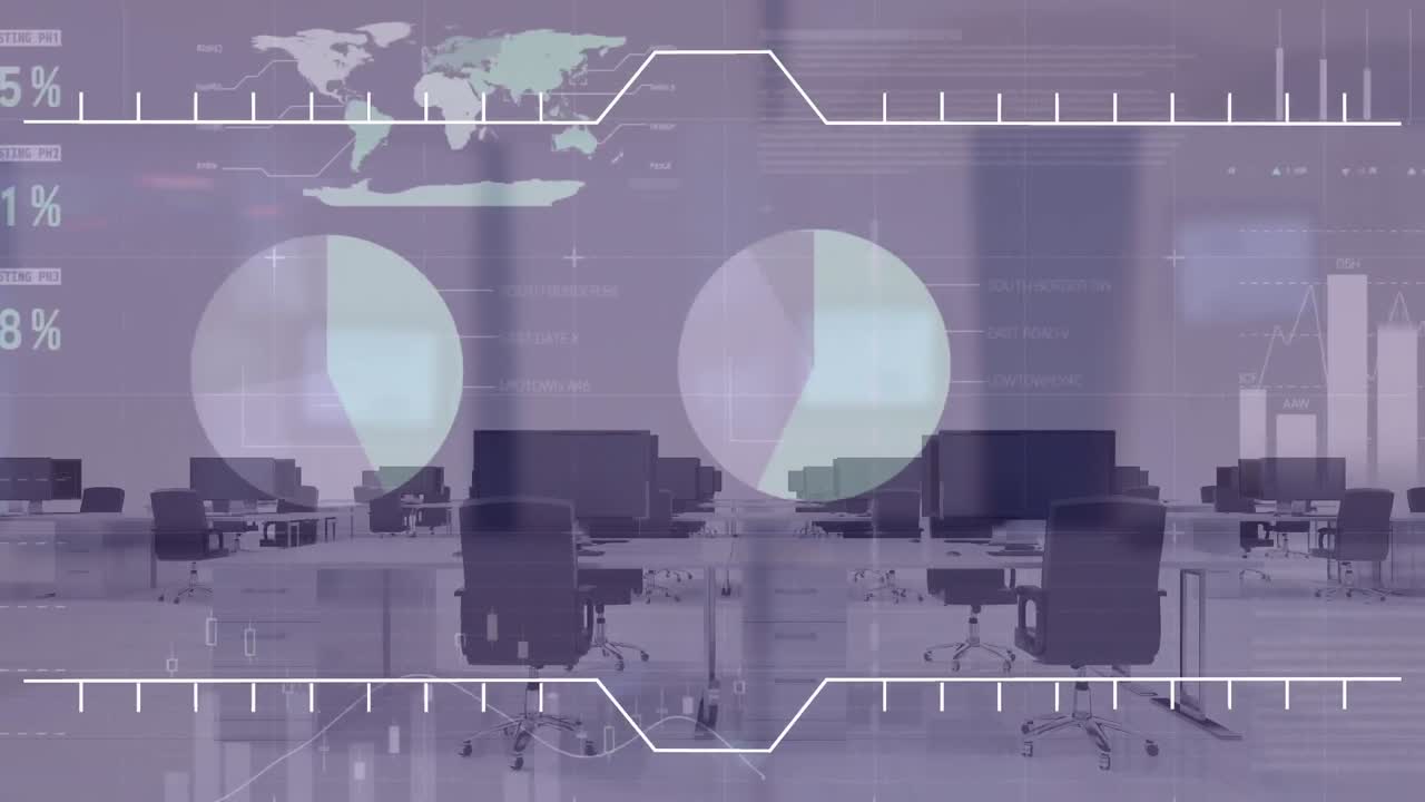animación del procesamiento de datos estadísticos frente a una oficina vacía