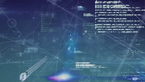 Animation of network of connections and data processing over blue background