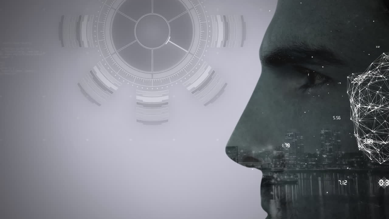 animación de la red de conexiones y escaneo de alcance sobre el hombre en la interfaz