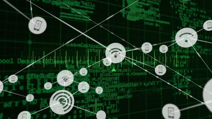 Animation of network of digital icons and scale over data processing against black background