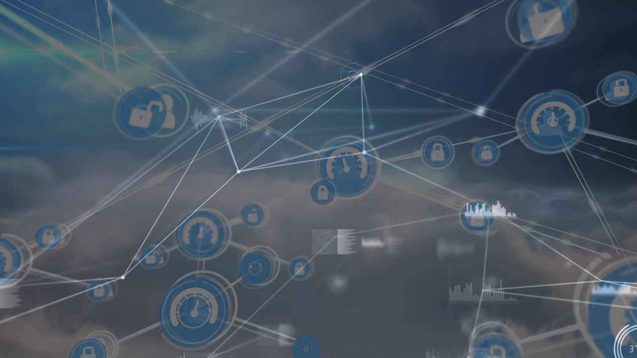 Animation of network of connections and data processing over cloudy sky