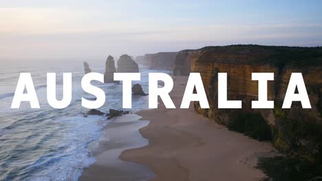 twelve apostles rock formation in australia overlaid with animated graphic spelling out australia