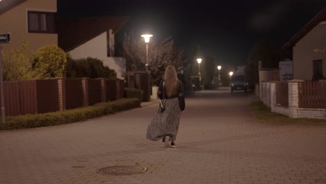 A-girl-in-a-long-skirt-with-flowing-hair-walks-down-a-street-lit-by-street-lamps-in-a-night-city