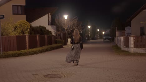 a girl in a long skirt with flowing hair walks down a street lit by street lamps in a night city