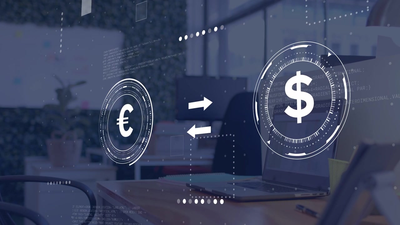 On € appearing left, AR currency HUD animating, $ pulsing right, arrows flipping, showing exchange