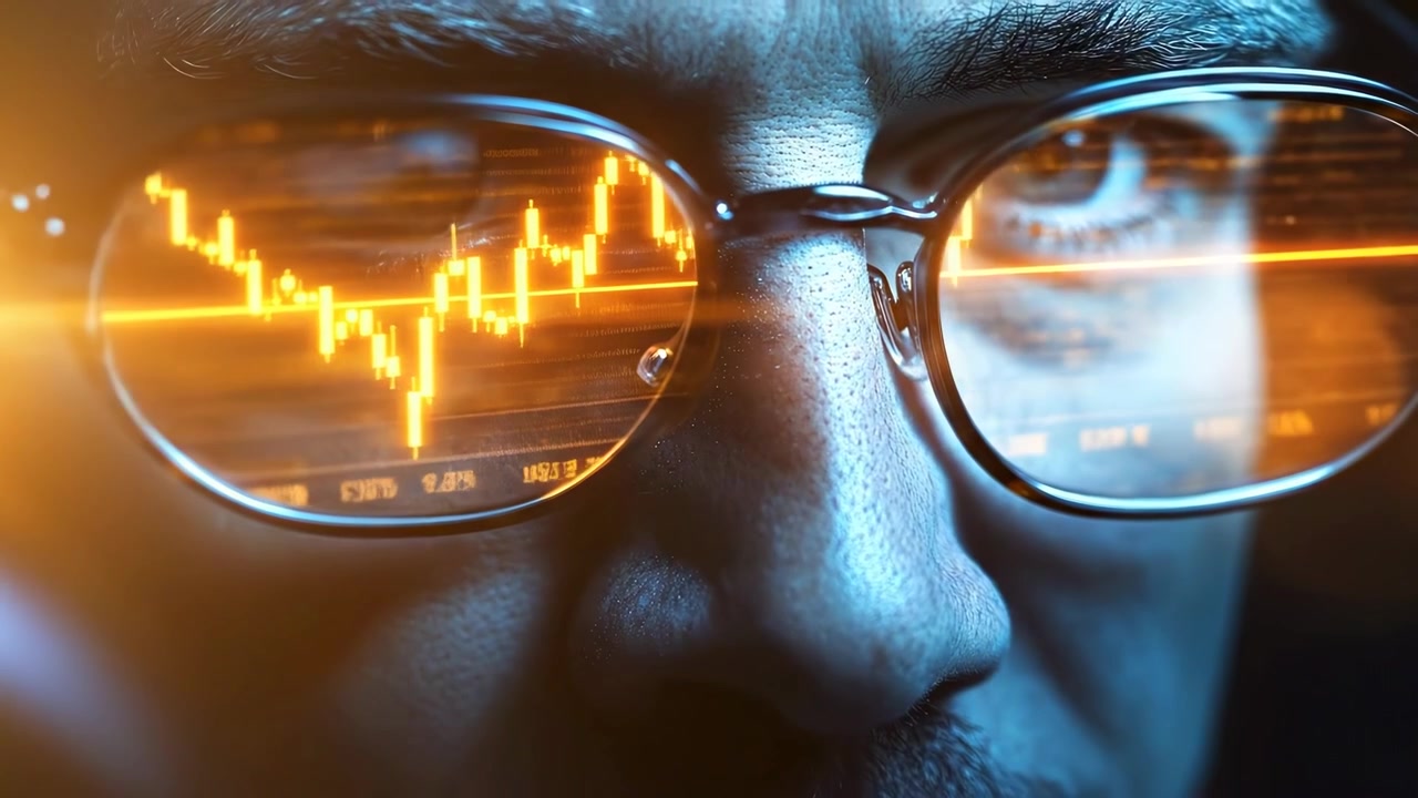 Trader Analisando Dados do Mercado Financeiro Refletidos em Óculos