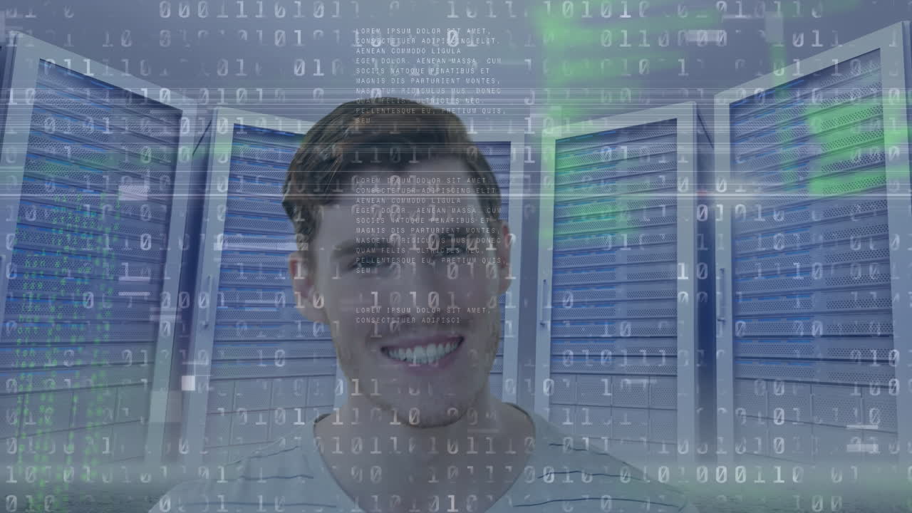 Animation of data processing over businessman in server room