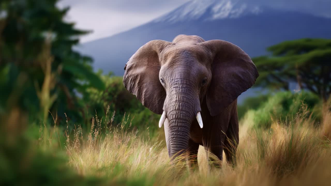 En majestætisk elefant står elegant i frodige græsarealer under et bjerglandskab og indfanger skønheden i dyrelivet i dets naturlige habitat