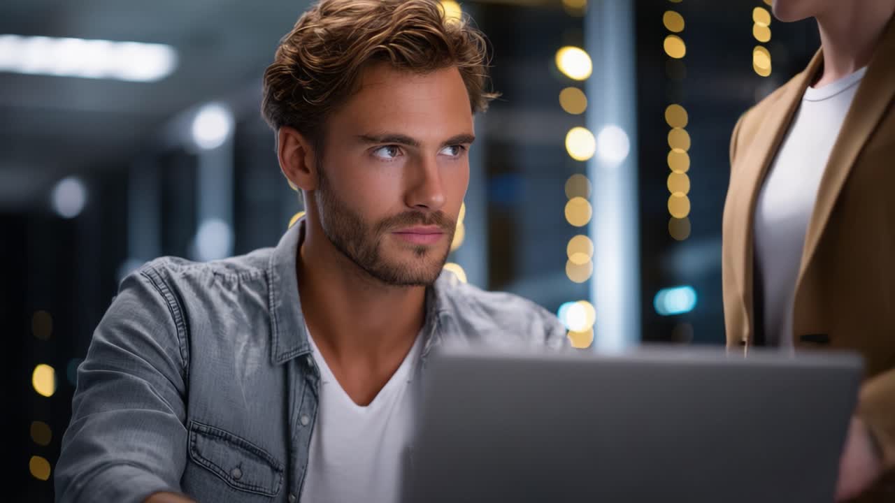 Focused man engaging with technology, showcasing concentration and professionalism in a modern office environment illuminated by soft ambient lighting