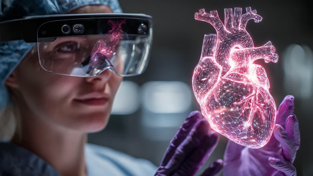 A Scientist Examines a 3D Holographic Heart Representation Using Augmented Reality Glasses for Medical Research and Innovation in Healthcare Technology