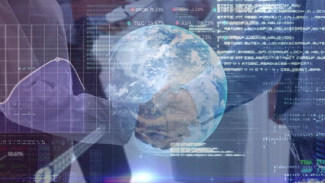 animación del procesamiento de datos financieros sobre empresarios caucásicos que se dan la mano