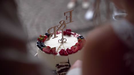 rear view of young newlywed couple cutting wedding cake with berries