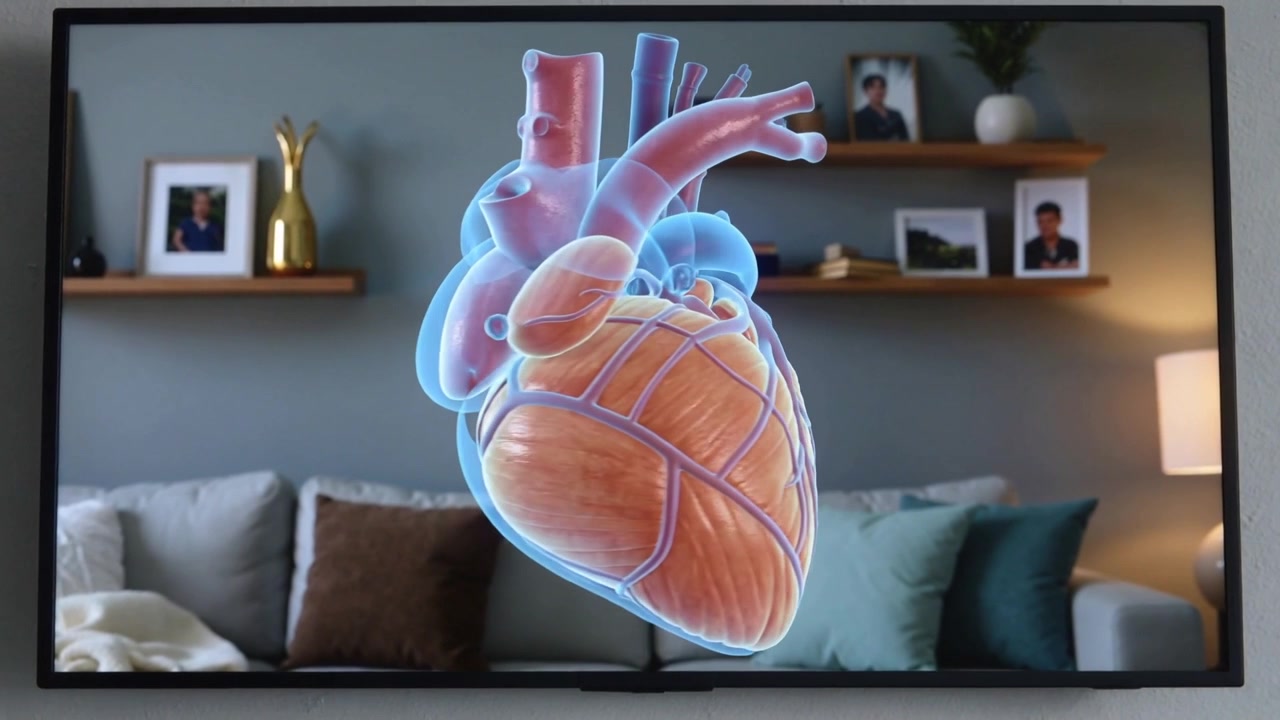 Avvio della riproduzione sulla TV del soggiorno, un cuore 3D che ruota e si avvicina per rivelare i vasi coronarici.