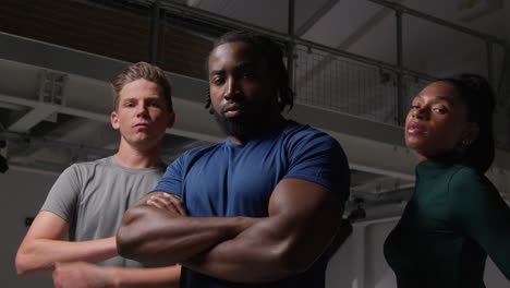 retrato grupal de atletas masculinos y femeninos en ropa de fitness, entrenamiento en gimnasio, calentamiento y preparación psicológica para un evento deportivo 6