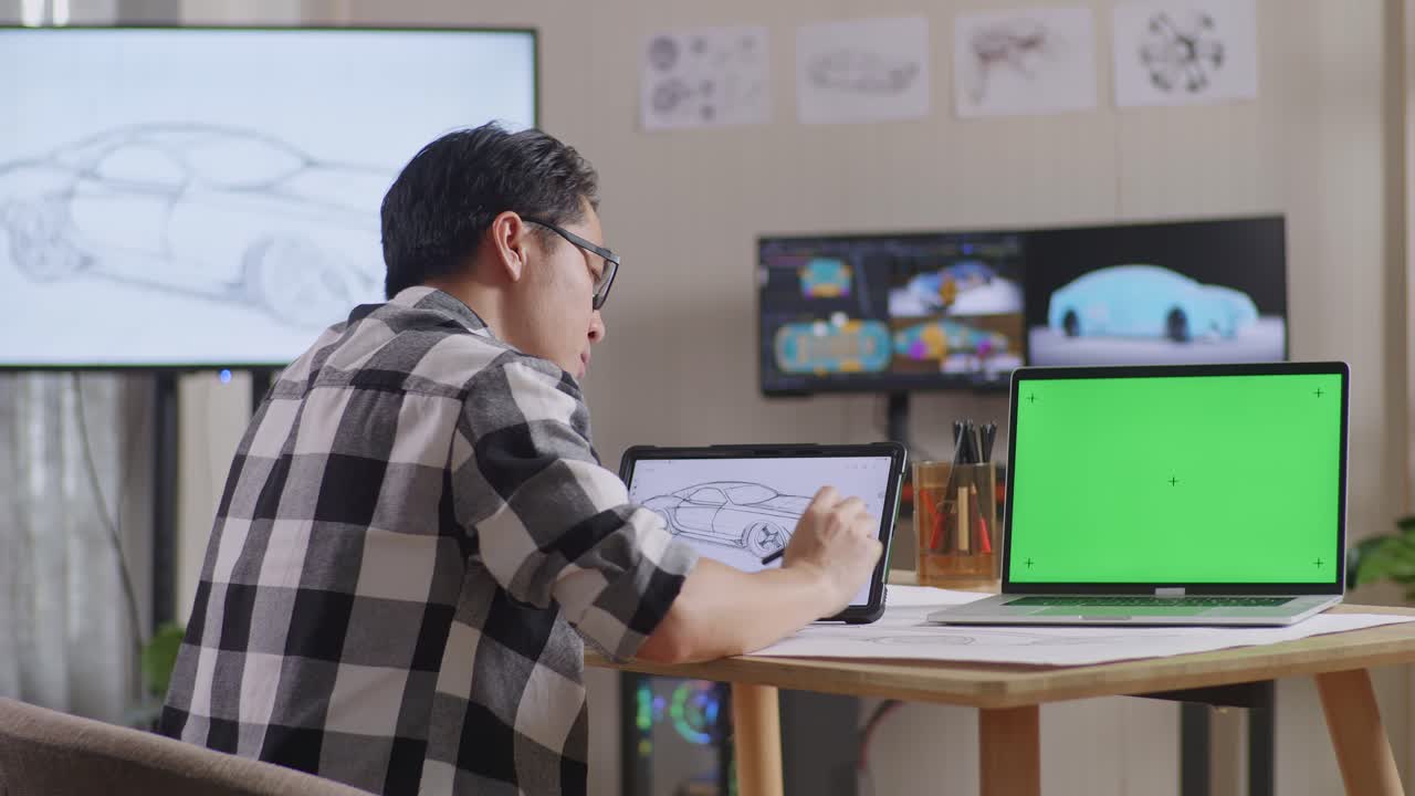 테이블릿에 자동차 컨셉을 그리는 동안 두통을 겪는 아시아 남성의 측면 뷰, tv와 컴퓨터를 가진 스튜디오에서 녹색 스크린 노트북 에 3d 전기 자동차 모델을 표시합니다.