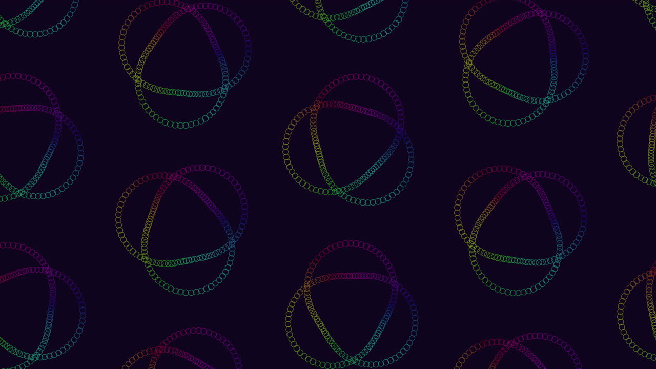 A vibrant seamless pattern of rainbow lines on a black background, forming a dynamic circular layout with thin, curved lines intersecting and overlapping