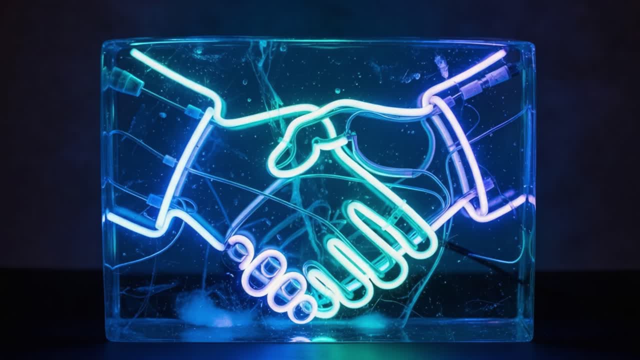 Simbolo di stretta di mano illuminato che simboleggia partnership e collaborazione nel business moderno, che rappresenta connessione e unità attraverso l'arte neon