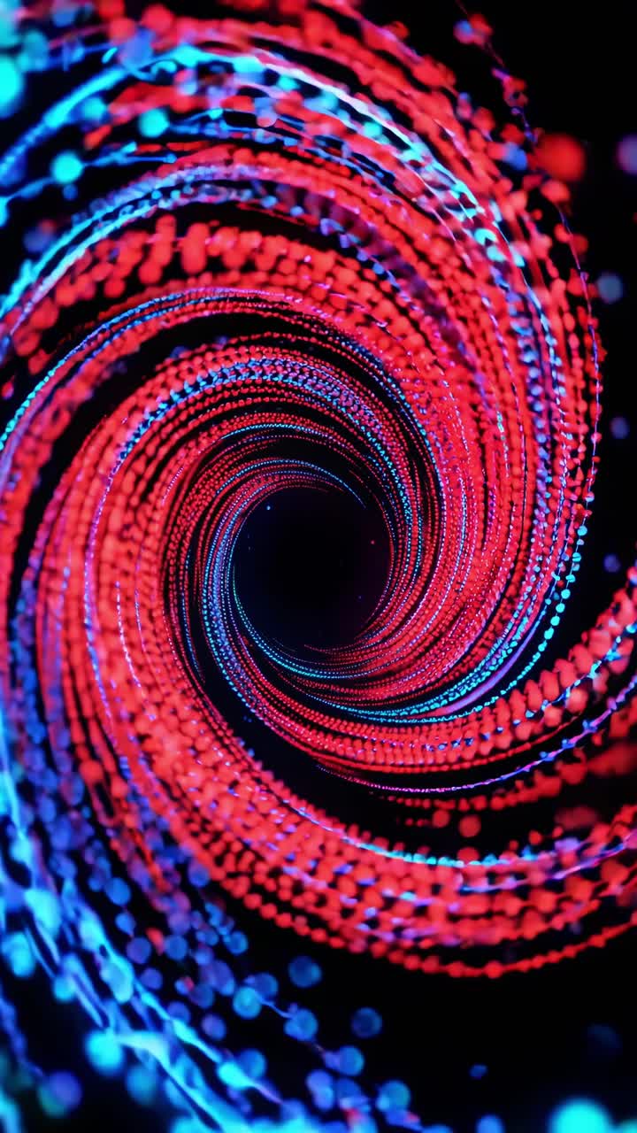 Red and blue particles swirling and converging, creating a mesmerizing vortex against a dark backdrop, evoking a sense of depth and motion in an abstract representation of energy and movement