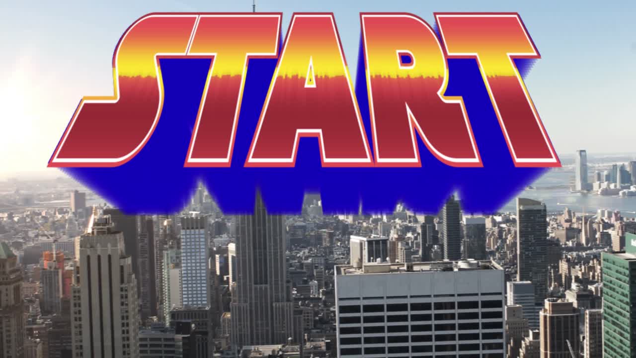 오렌지색 텍스트 시작의 애니메이션, 현대 도시 풍경