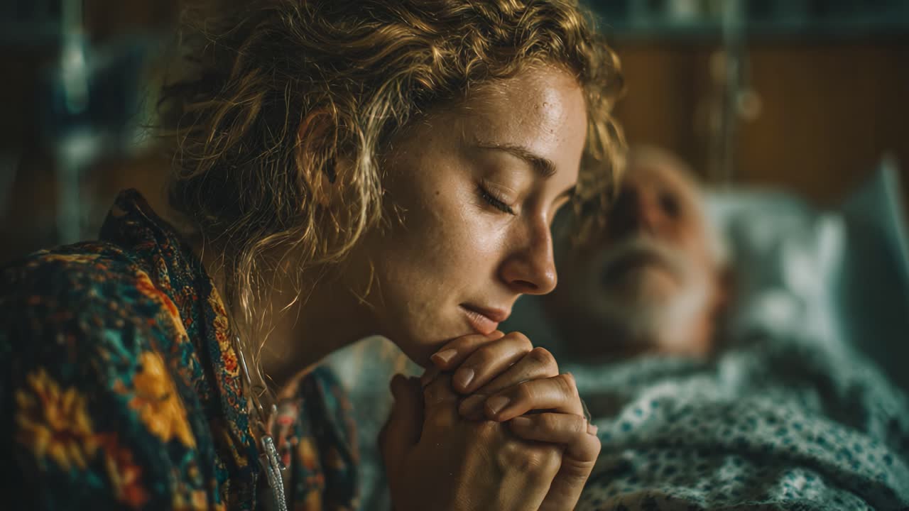 A Young Woman Reflects in Prayer by the Bedside of an Elderly Man, Capturing the Emotional Bond and Intimacy of Their Shared Moments in a Hospital Setting