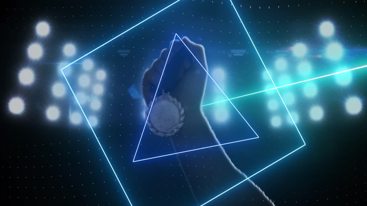 홍수 조명 스포츠 경기장에서 메달을 들고 있는 보라색 네온 스캐너의 데이터 처리 애니메이션