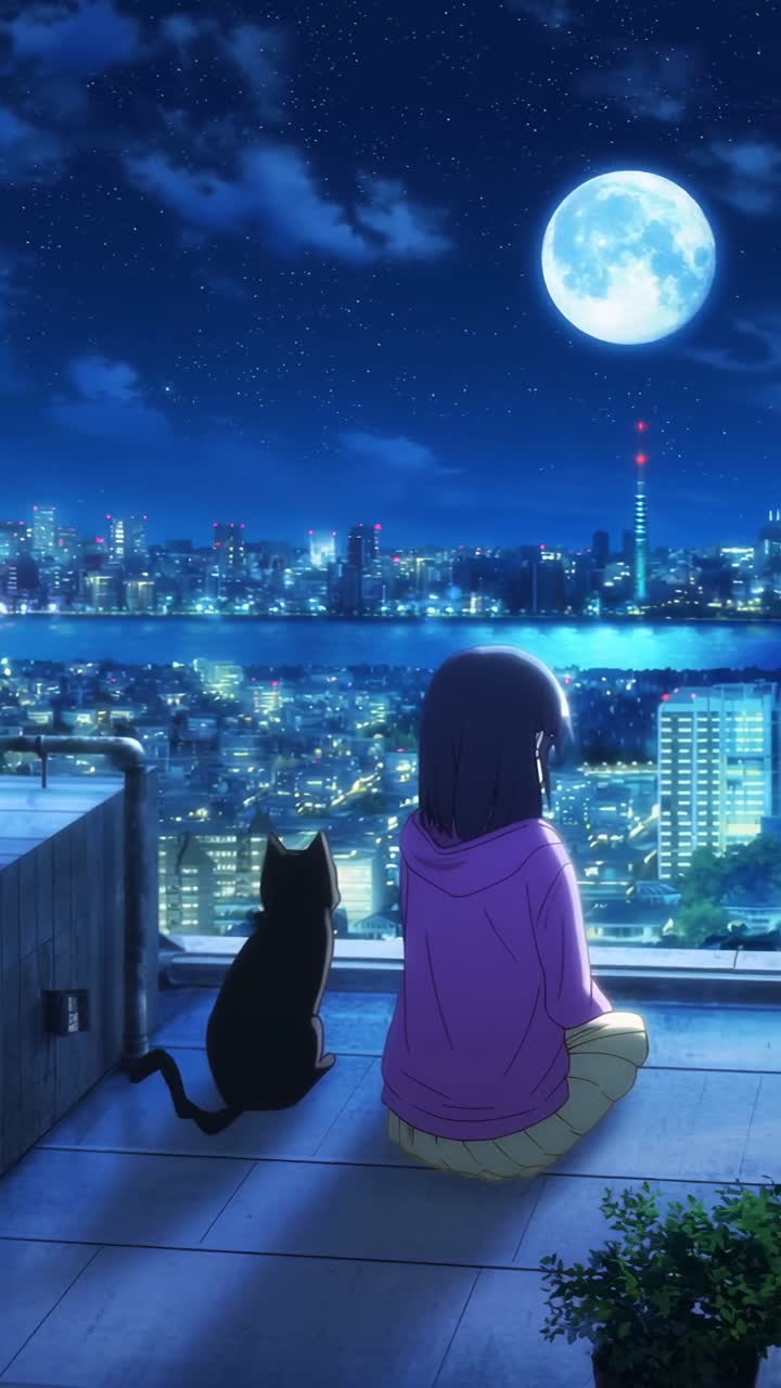 Paesaggio urbano notturno in stile anime con una ragazza e un gatto, visti da dietro