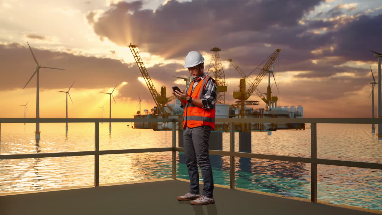 Full Body Side View Of Asian Male Engineer With Safety Helmet Using Smartphone While Standing With Offshore Hydrogen Production