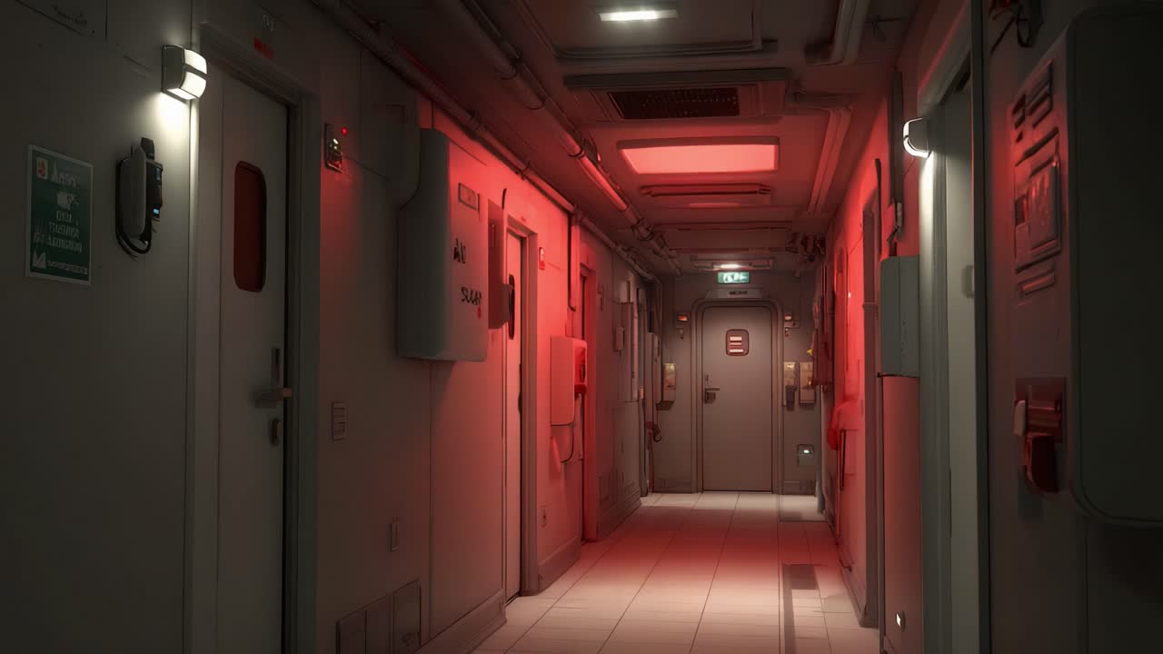 A Captivating Glimpse of a Dimly Lit Corridor in a Futuristic Environment Through Two Distinct Frames with Vibrant Red Lighting and Modern Design Elements