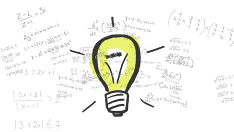 Animation of mathematical data processing over lightbulb on white background