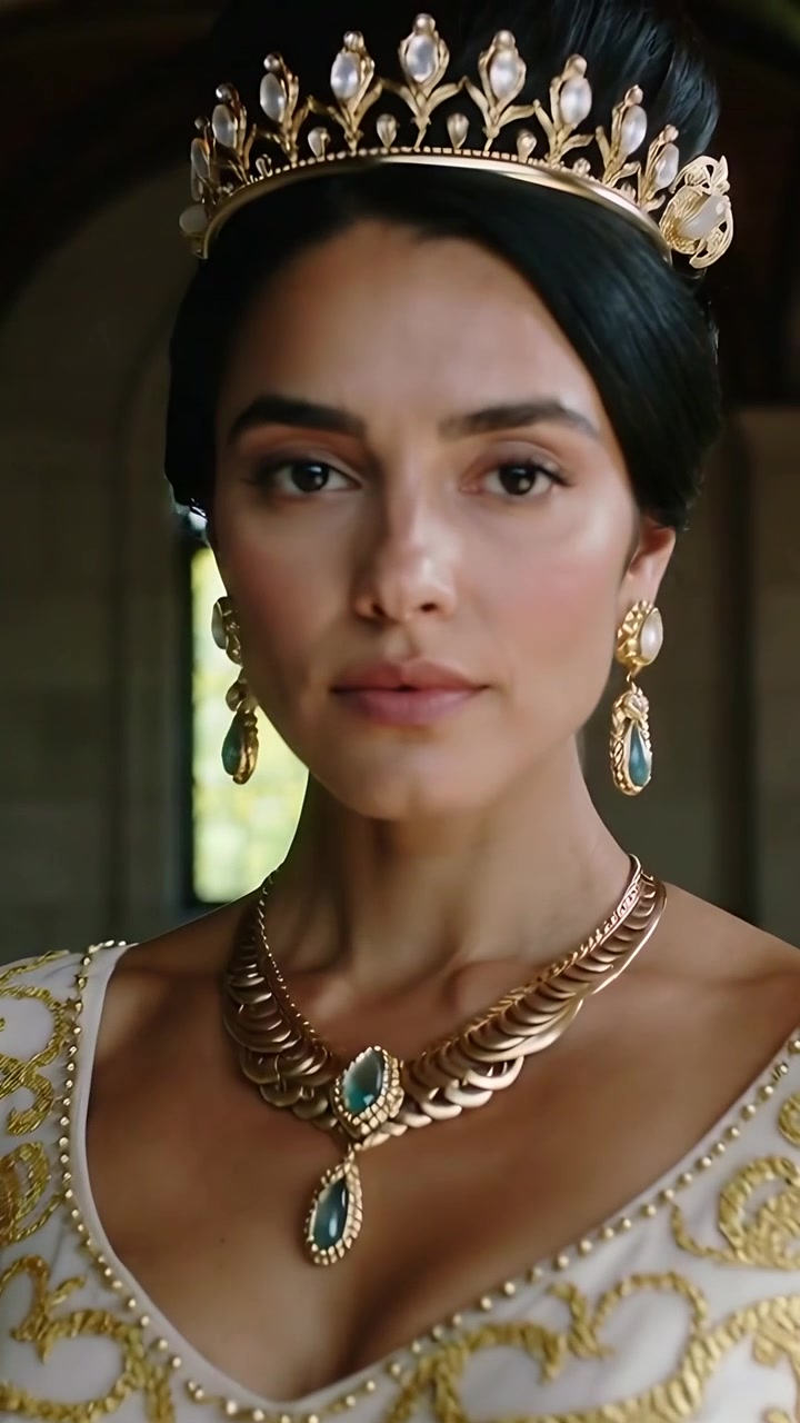 Video verticale: Donna che scende le scale, indossando un abito dorato e posando con tiara e gioielli in un palazzo