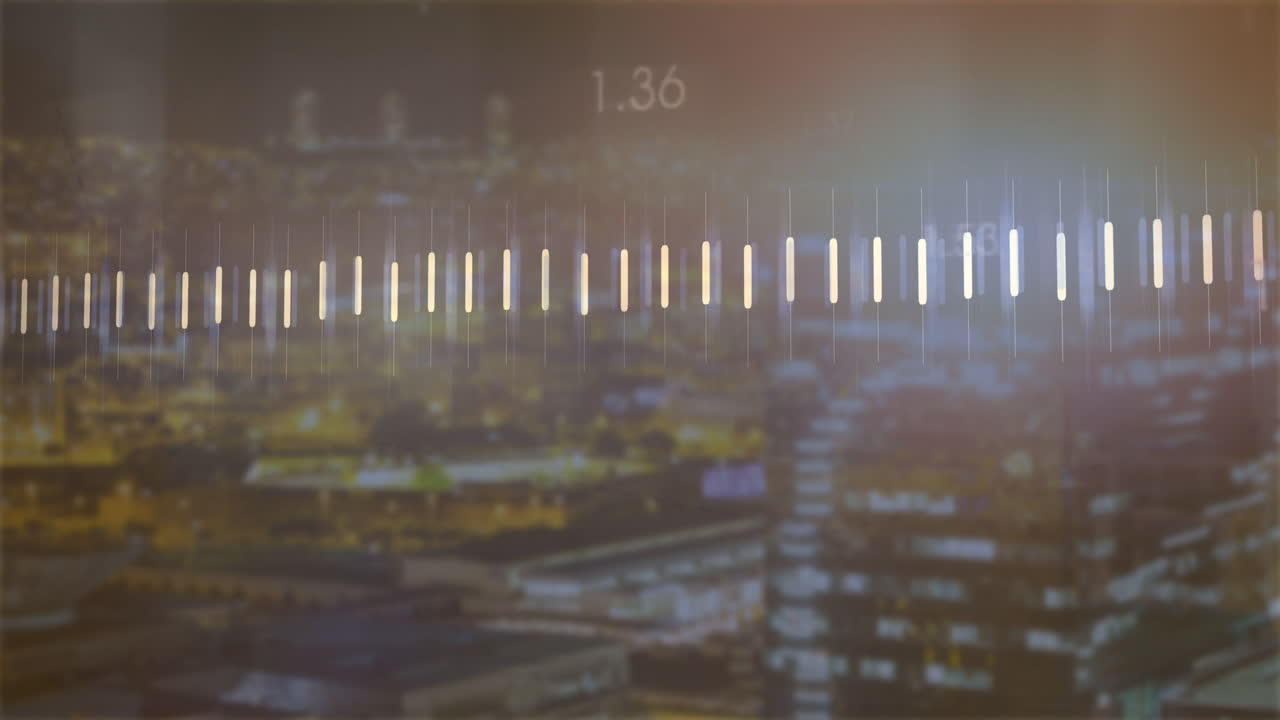 Audio waveform animation over cityscape at night with glowing lights