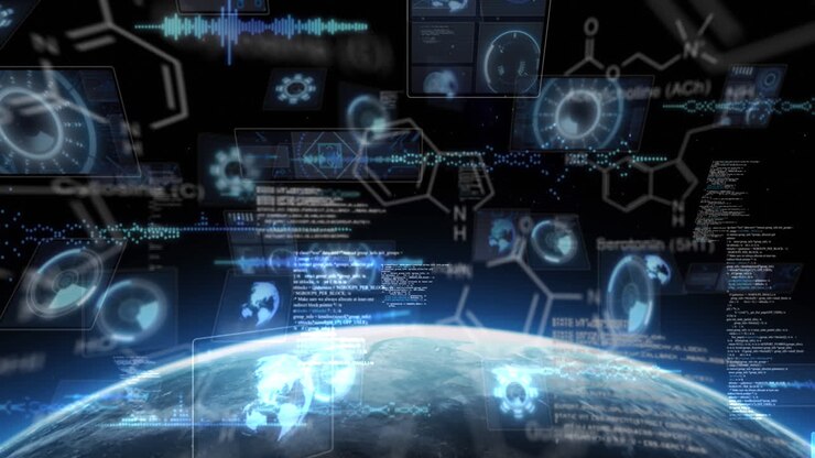 Animation of scientific data processing and scopes scanning on screens over globe and sun