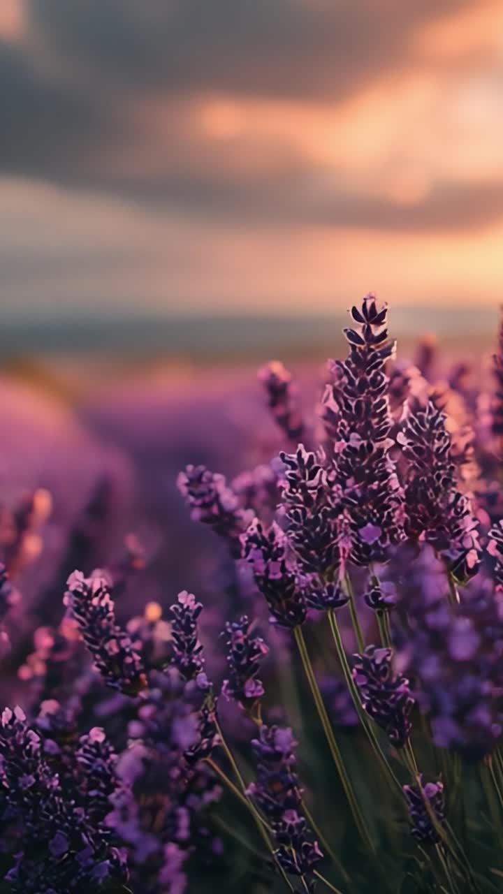 A Majestic Lavender Field Beneath a Colorful Sunset: A Close-Up of Vibrant Purple Blooms Amidst a Dreamy Landscape, Capturing Nature's Serenity and Beauty