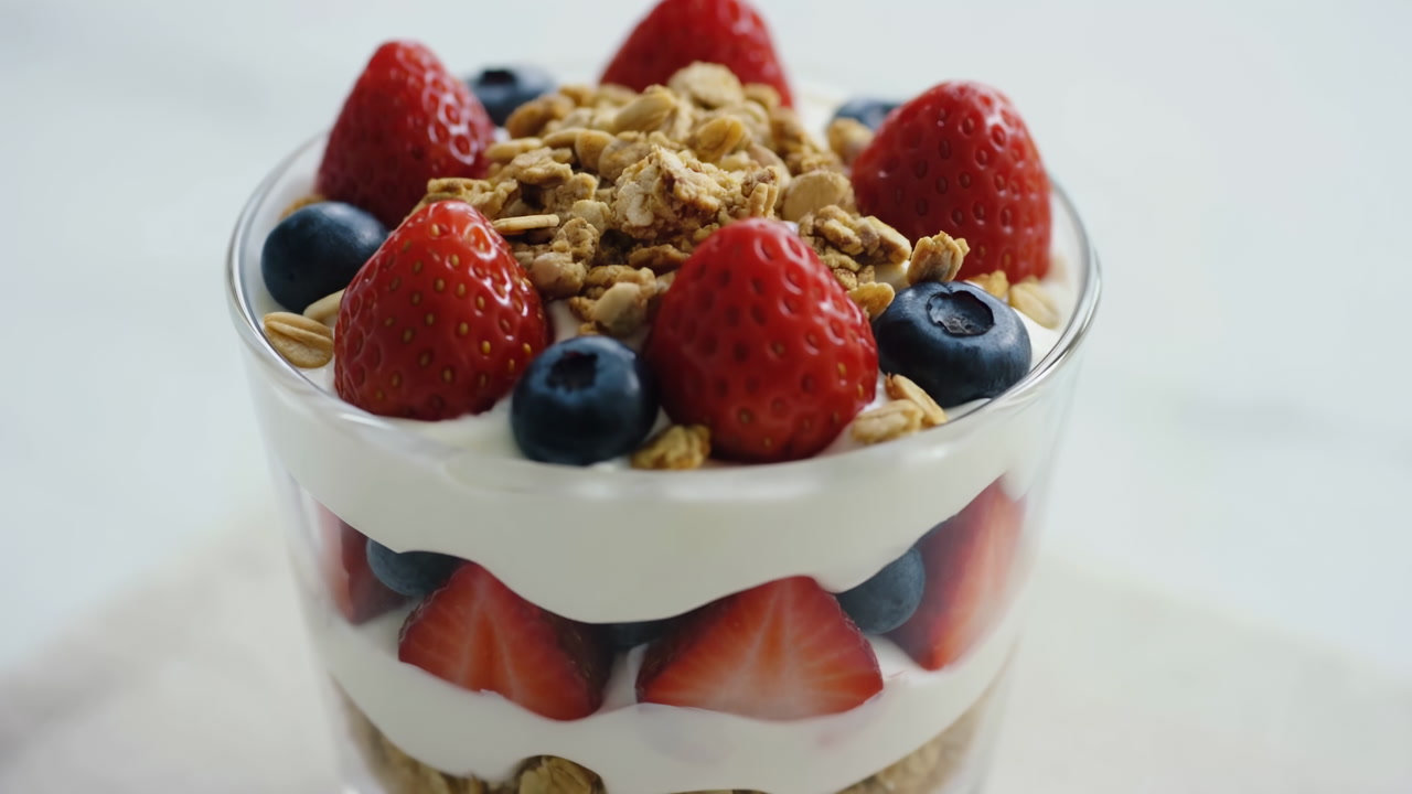 Fresh Strawberry Parfait With Creamy Yogurt Layered With Granola And Blueberries In Clear Glass Shot In Soft