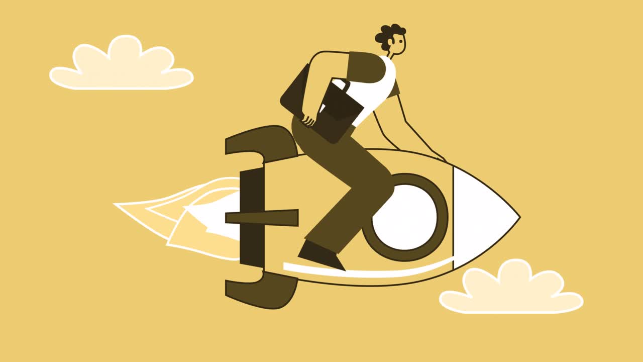 Yellow Style Man with Briefcase Flat Character Flies Forward Sitting on Rocket. Isolated Loop Animation with Alpha matters