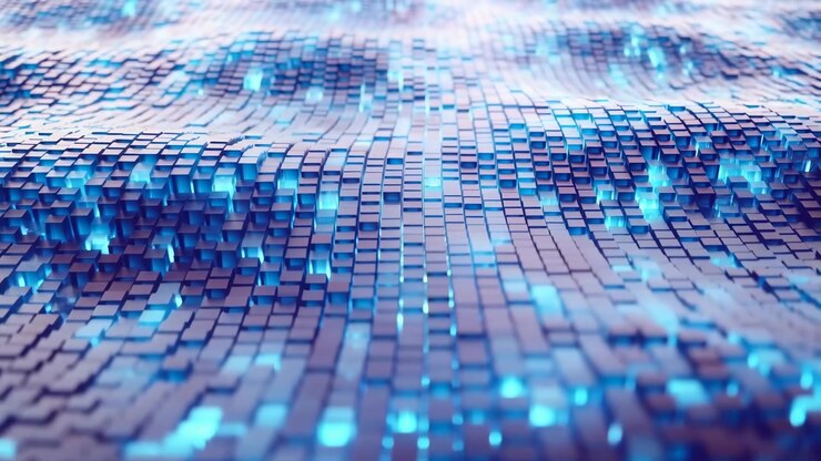 Close-up scene of thousands of small square tiles arranged in dense grid, forming shallow undulating waves and stepped ridges, bright cyan blue light glows through gaps, creating cool futuristic