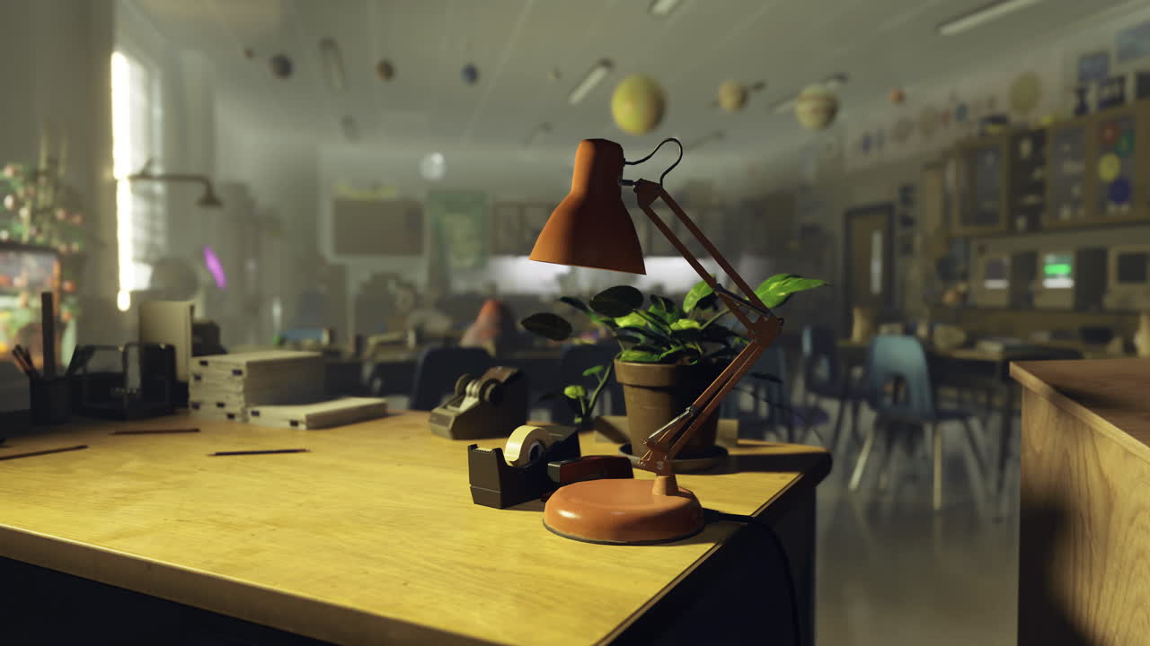Classroom workspace with desk lamp and plant in a creative learning environment