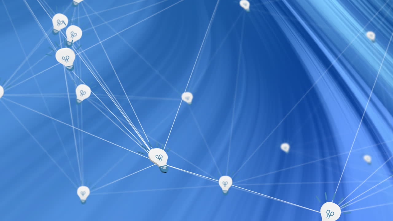 animación conectada bombilla conectada con líneas sobre patrón abstracto contra fondo azul