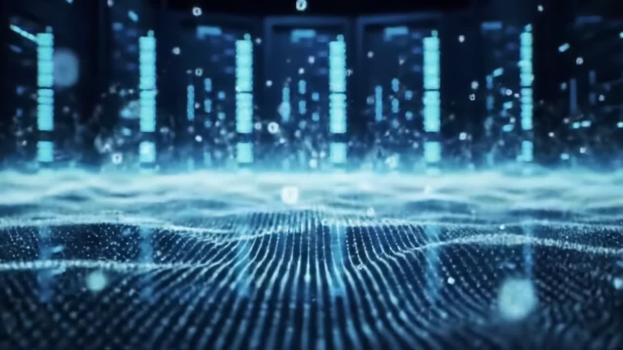 A mesmerizing scene depicting a digital landscape, showcasing a network of illuminated data patterns flowing through waves of binary code, emphasizing the elegance of technology