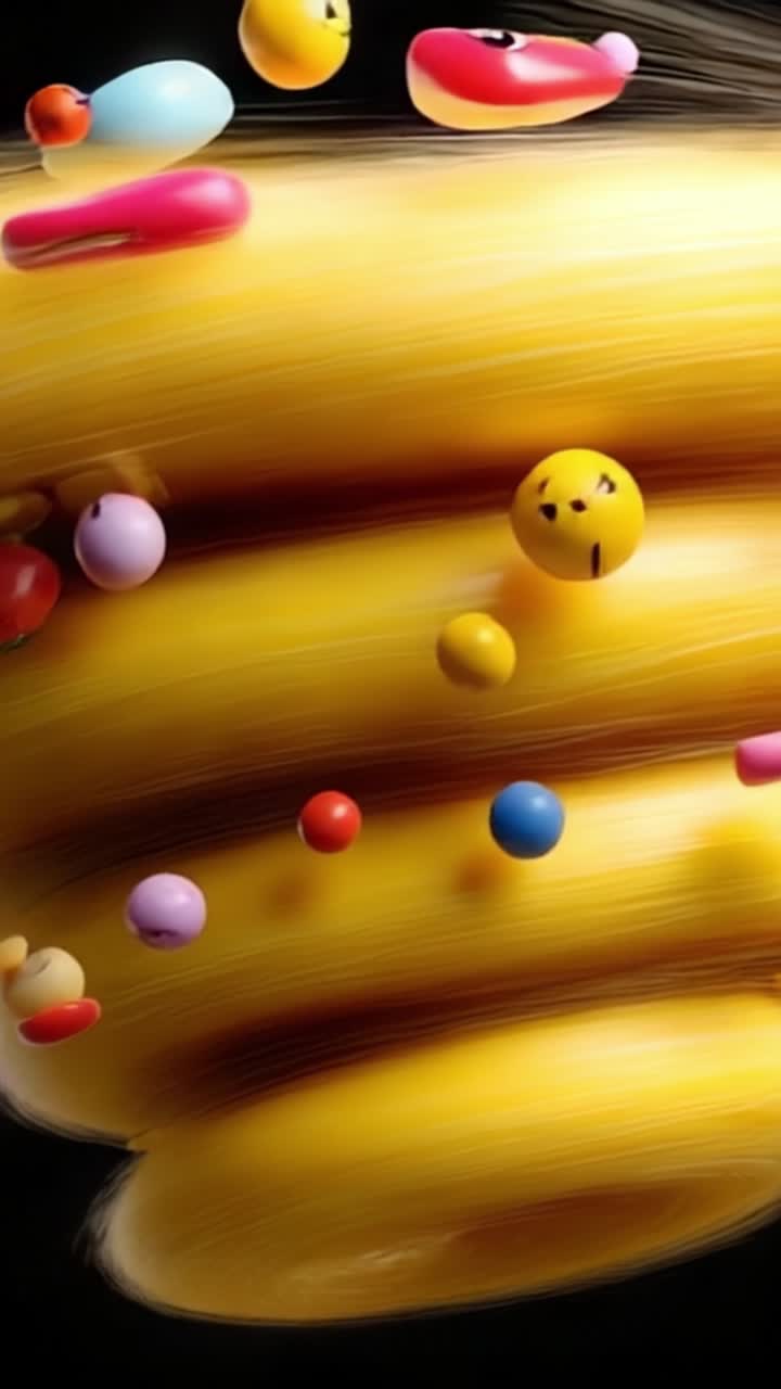 Emozioni vorticose: una dinamica esposizione di personaggi emoji colorati racchiusi in un vortice dorato a spirale su uno sfondo scuro, che proiettano sentimenti vibranti
